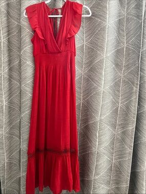 Red V-Neck Ruffle Maxi Dress
